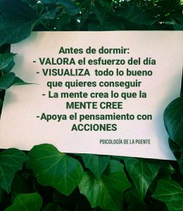 Antes de dormir: valora el esfuerzo del día, visualiza todo lo bueno que quieres conseguir, la mente crea lo que la mene cree, y apoya el pensamiento con acciones